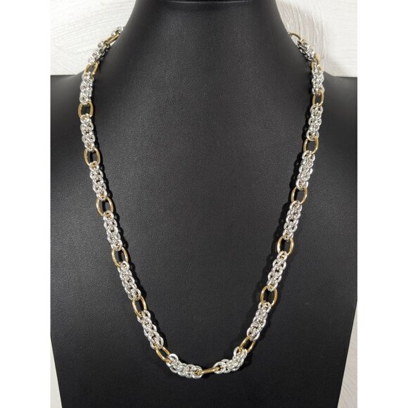 Monet Two Tone Oval Chain Link Statement Necklace Retro Silver Tone Gold Tone 24 - Picture 1 of 9